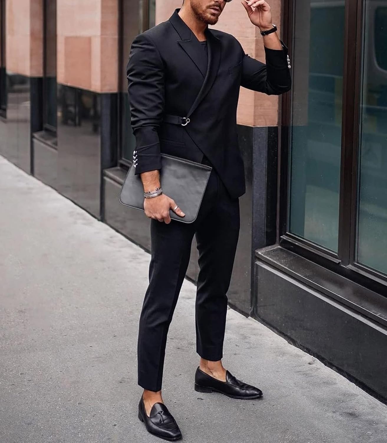 Men's Black Buckle 2 Piece Suit Slim Fit Peak Lapel Tuxedo for Prom Wedding Dinner