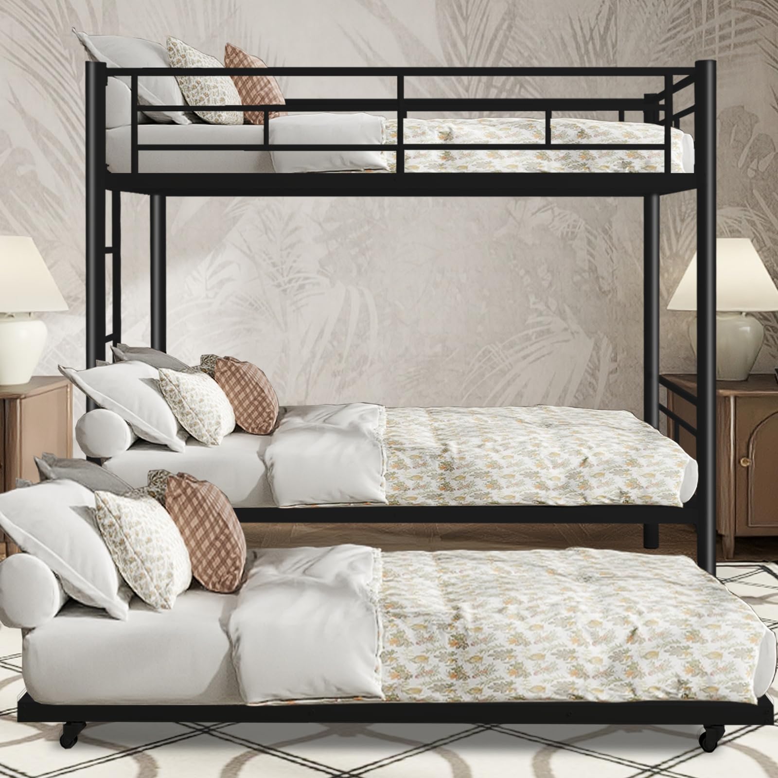 AYJOIR Twin Over Twin Bunk Bed with Trundle, Metal Bunk Beds with 2 Ladder and Guardrails, Convertible Triple Bunk Bed for Kids, Teens and Adults, No