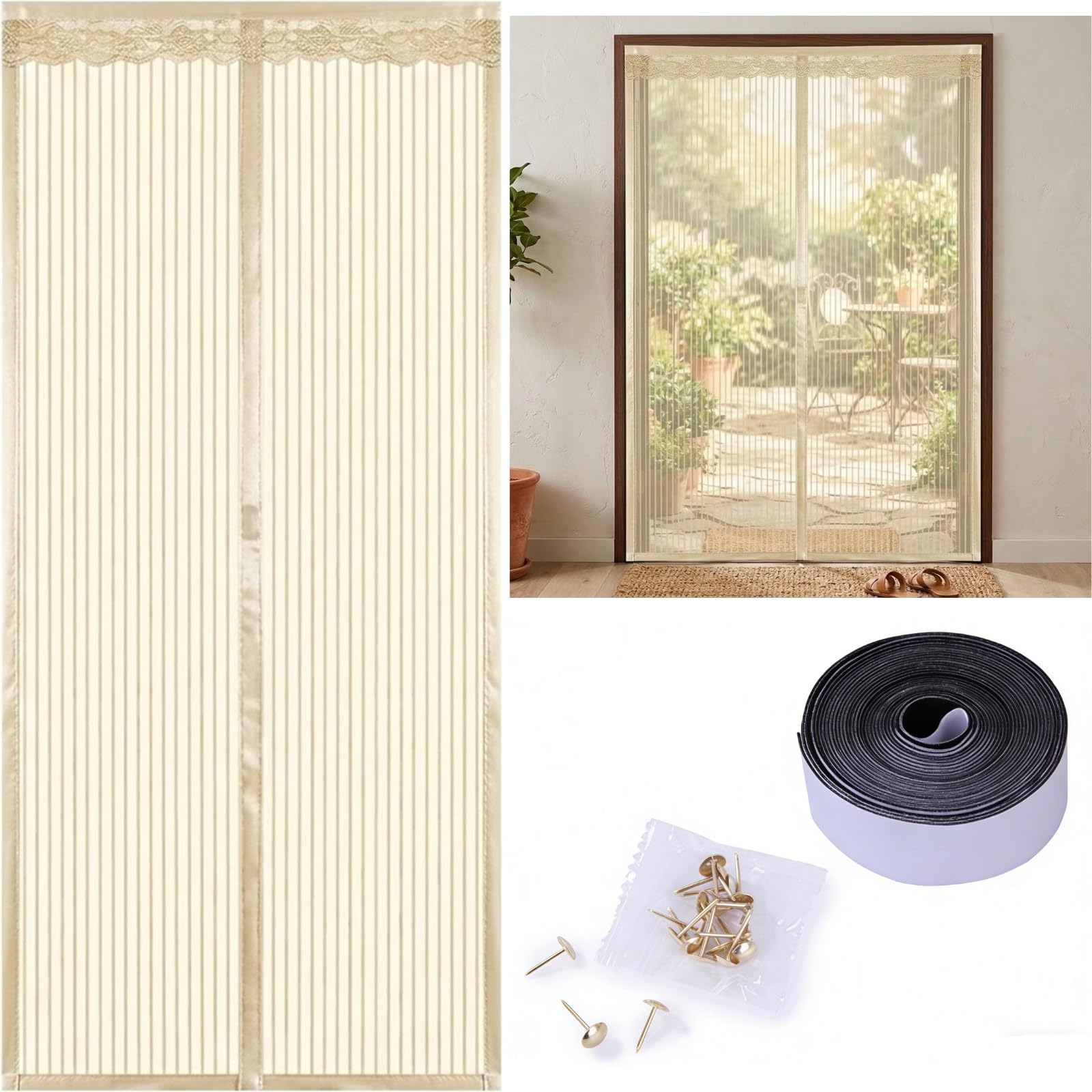 Yqyhnb Beige Magnetic Fly Screen Door - Heavy Duty Fiberglass Mesh Curtain With Powerful Magnets & Full Frame Hook And Loop Fastener - Hands-Free Pet & Kid Friendly Mosquito Net(,39X83in(100X210cm))