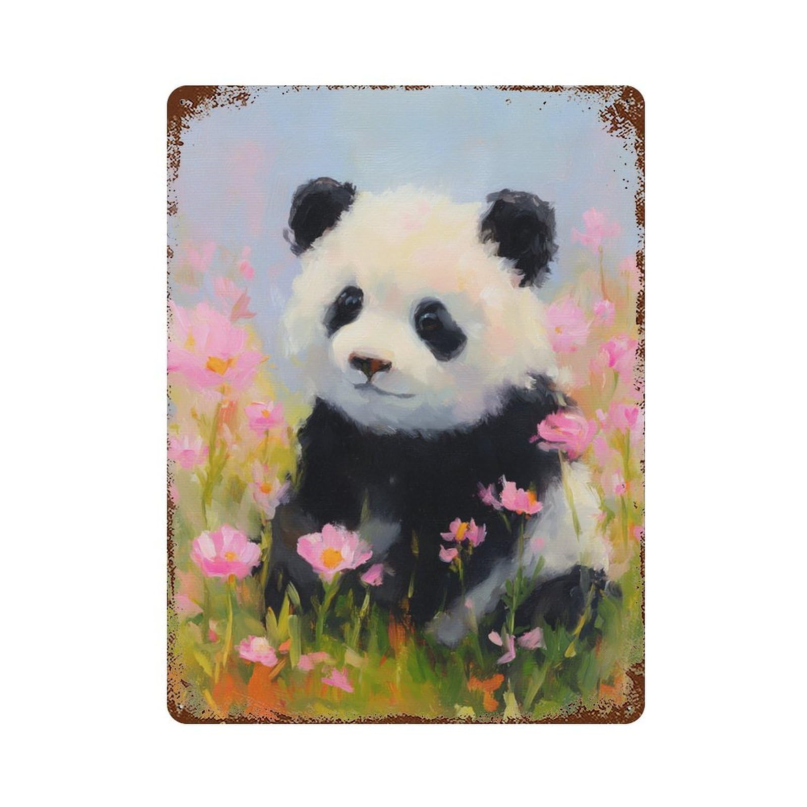 Panda in Flowers Rusty Metal Tin Sign 15.7"x11.8", Ideal for Office, Studio And Wall Decor
