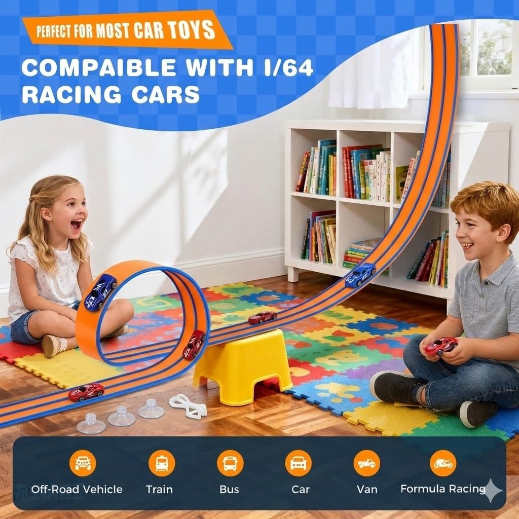 15 Ft Flexible Race Track for Kids, DIY Car Track Set with 2 Toy Cars & 3 Suction Cup Ramps, Easter Basket Stuffers for Teens & Boys Girls, Creative Easter Gifts for Kids, Orange