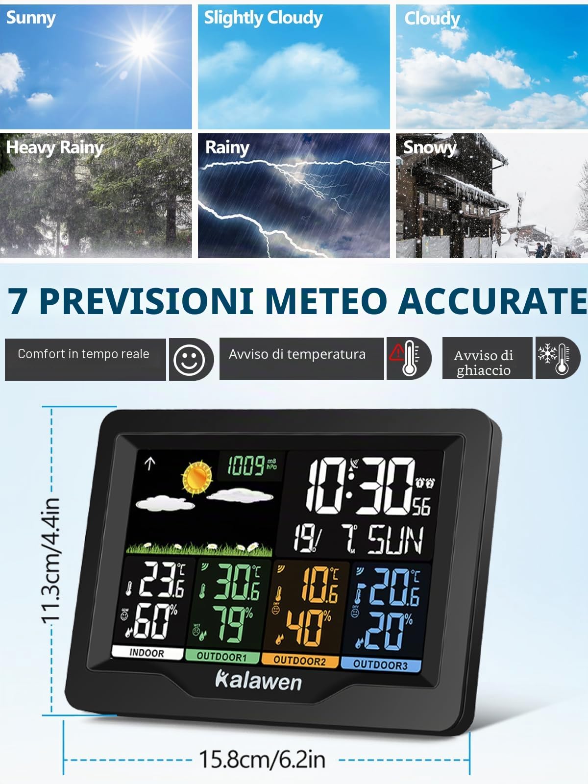 Stazione Meteo Meterologica Digitale con 3 Sensore Esterno Wireless Automatica con Schermo LCD Display Sveglia Tempo Data Temperatura Umidità Previsioni Meteo