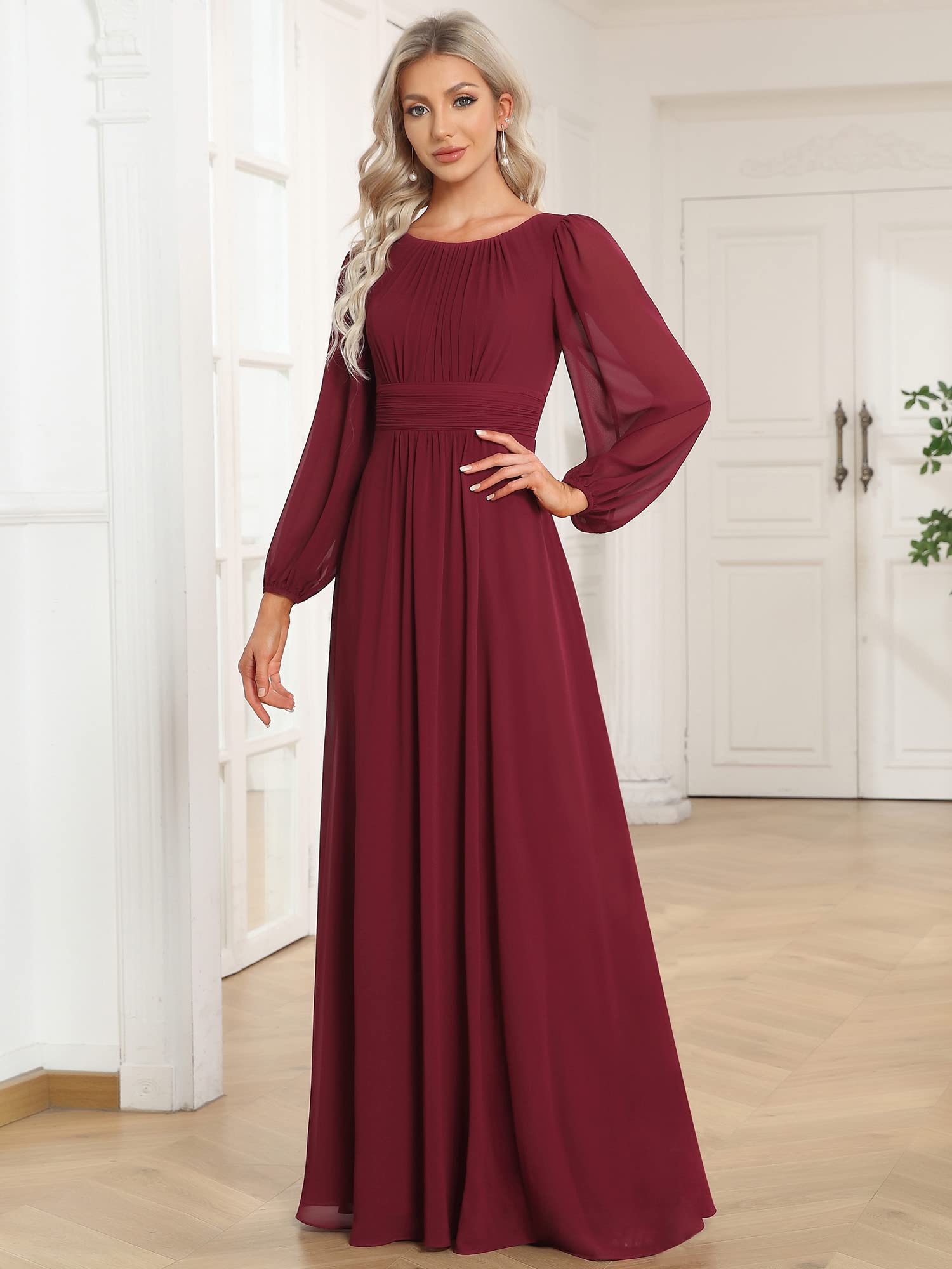 Ever-Pretty Vestito da Sera Donna Lungo Cintura Rotondo Manica Lunga Elegante Abiti da Cerimonia Borgogna 36