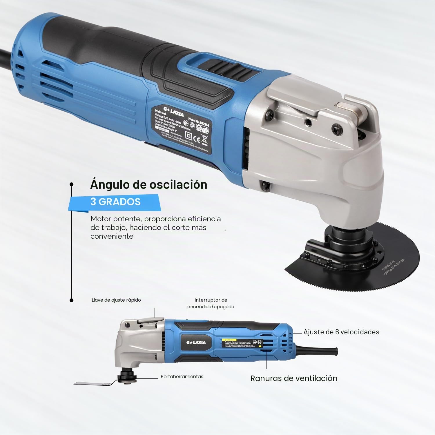 260W Multiherramienta Oscilante, 15000-22000RPM Eléctricas Herramienta Multifunción Oscilantes,Ajuste de 6 Velocidades, 3° Ángulo de Oscilación,40 Accesorios,con Bolsa de Herramientas