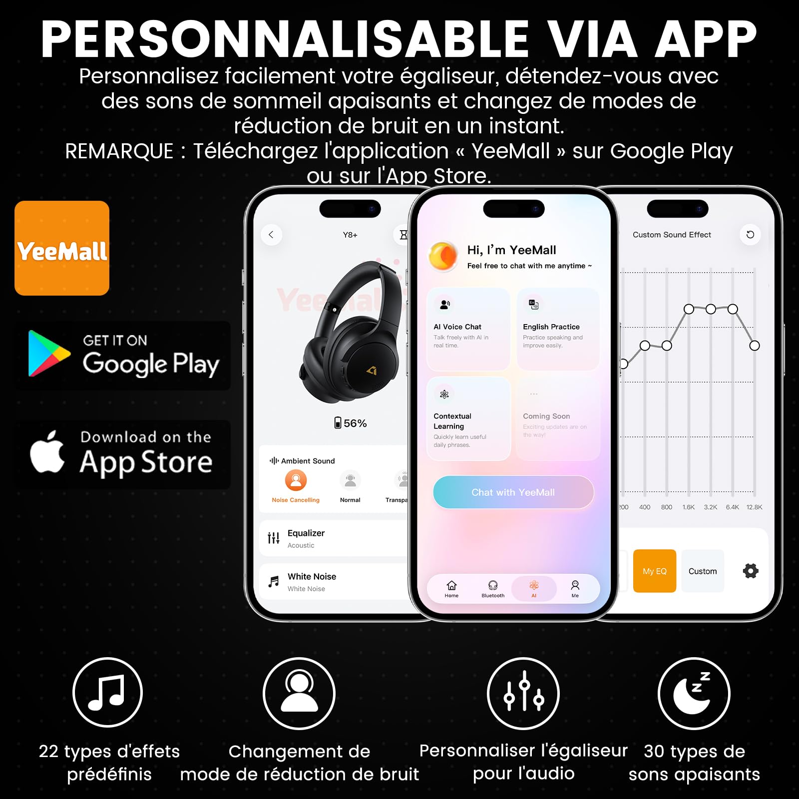 1Mii Y8+ Casque Bluetooth 6.0 sans Fil Anti Bruit, Réduction de Bruit Active Hybride, Son 100H d'Autonomie, LDAC Hi-Res Audio, Bass Boost, EQ Personnalisé Via App, Confortable Over-Ear Noir