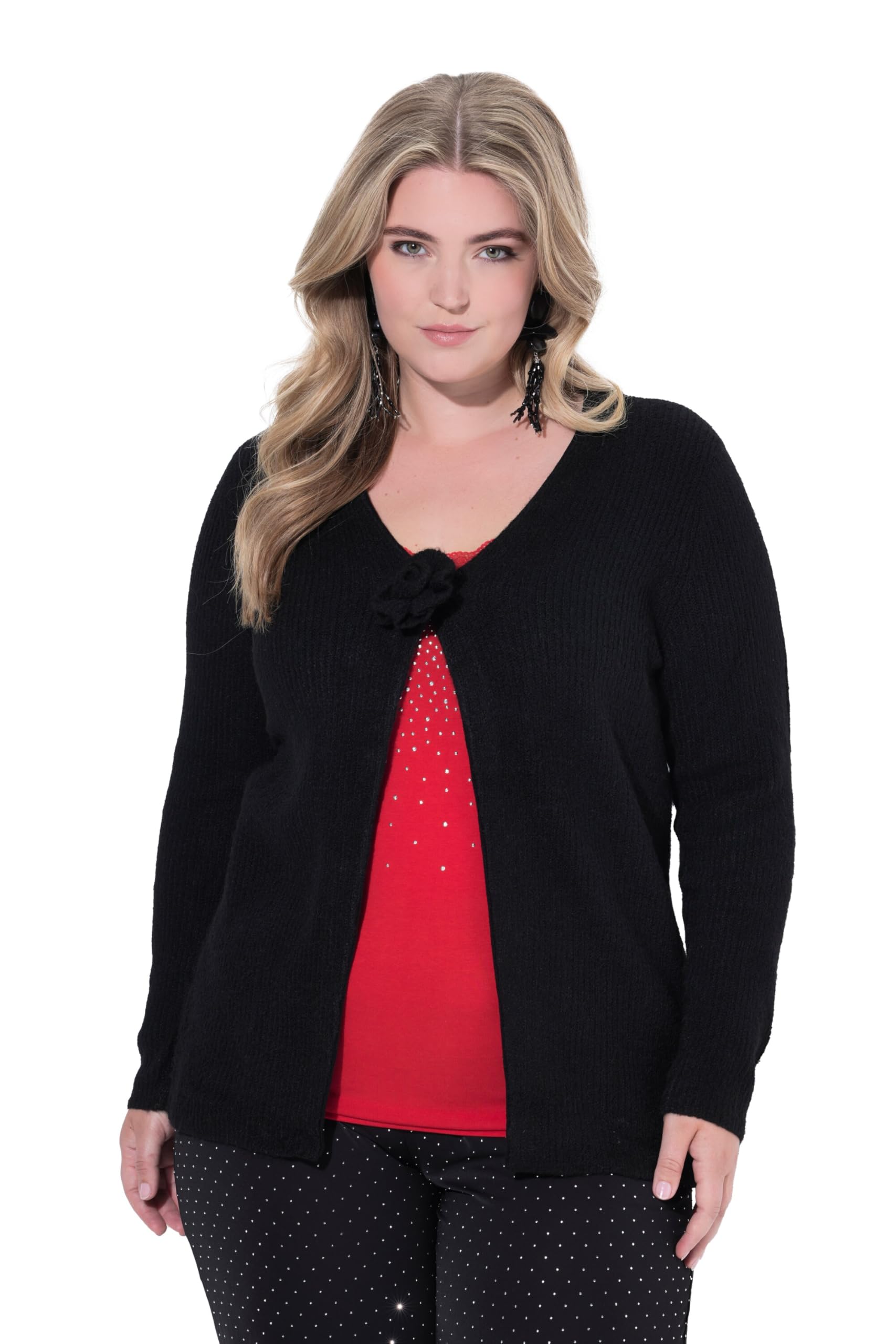 MIAMODA Damen große Größen Übergrößen Plus Size Strickjacke, Straight Fit, 3D-Rose als Verschluss 843948