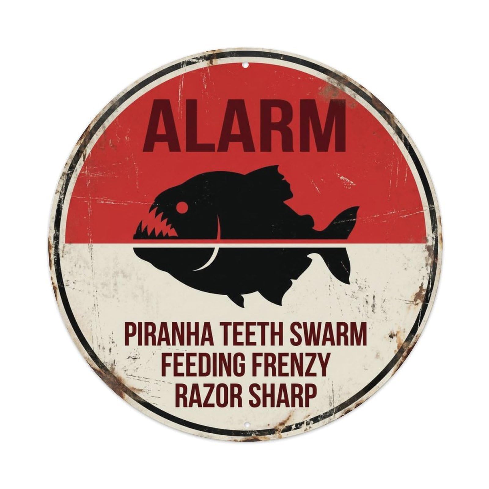 Danger Alert Freshwater Fish Rustic Piranha Teeth Swarm Quirky Metal Tin Sign Plaque Wall Decor for Cafe, Man Cave, Club Bar, Office, Home Garden Round Metal Poster 8x8Inch
