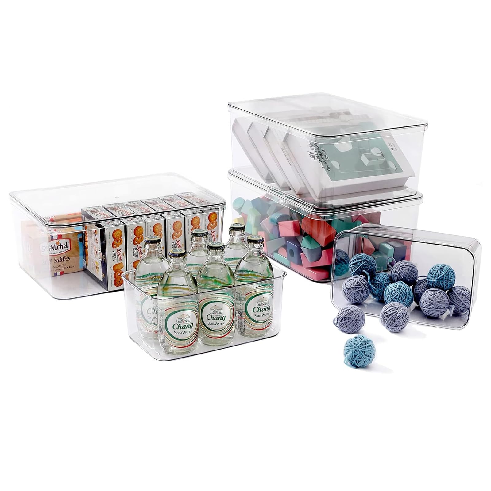 Transparente Aufbewahrungsboxen mit Deckel, 5er-Set. Aufbewahrungskörbe für Schränke, geeignet für Kleidung, Handtücher und Kosmetika. Küchenaufbewahrungsbehälter, Lebensmittelbehälter (3L + 2S).