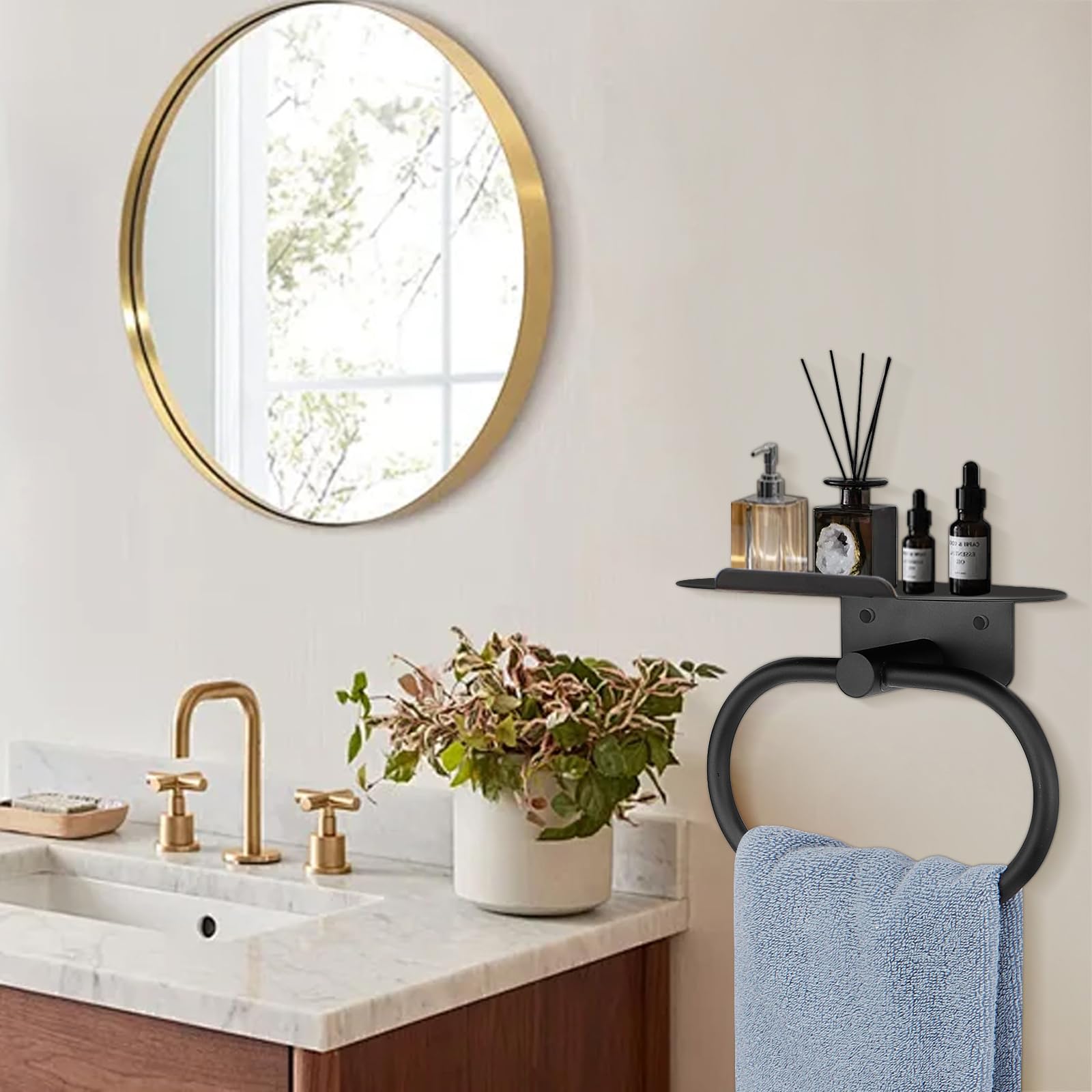 Stainless Steel Hand Towel Ring with Shelf - Matte Black -8 Stainless Steel Hand Towel Ring with Shelf - Matte Black -8