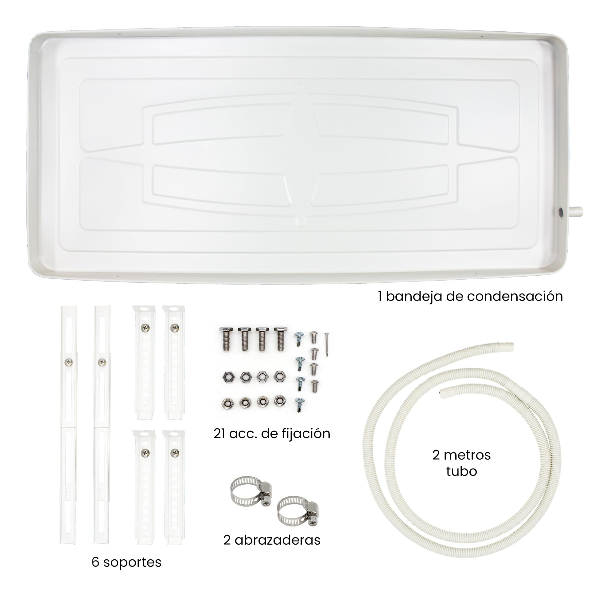 Bandeja de Condensación para Aire Acondicionado – Acero Inoxidable 304 Blanco – Uso Exterior, Anticorrosión, con Tubería de Drenaje y Soporte Ajustable 840x390x35mm