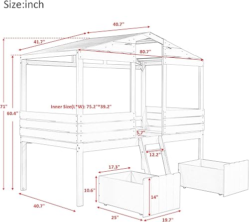 Miniatura 2 de Merax Marco de cama Montessori tamaño individual con cajones y escalera, litera baja para niños y jóvenes, no necesita somier, nogal