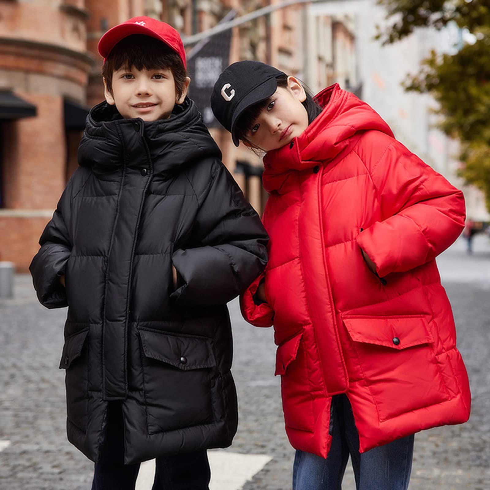 Piumino di Media Lunghezza per Bambini Ragazze Ragazzi Inverno Ispessimento Moda Giacca con Cappuccio Abbigliamento Caldo 90 Soffice Piumino D'Anatra Bianca,Red,8T(140CM)