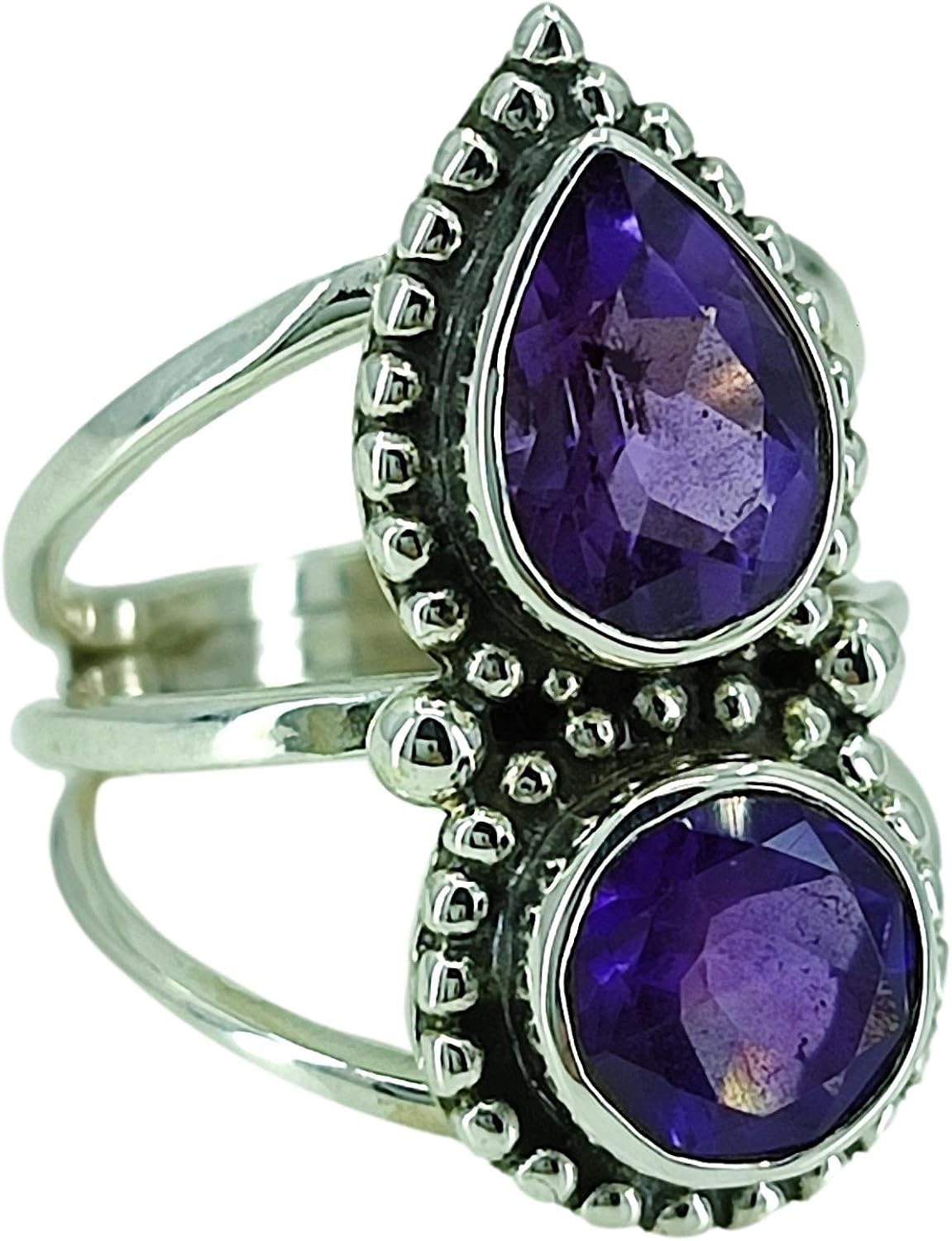 Navya Craft Amethyst Silver Ring Handmade 925 Sterling Silver Statement Promise Rings for Women, Natural Pear and Round Purple Gemstone Boho Jewelry February Birthstone, Gift Her Anniversary Birthday