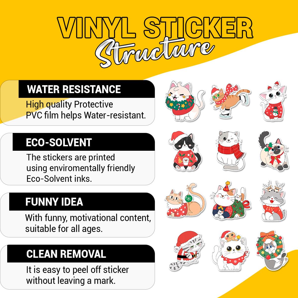 Set di 12 adesivi natalizi a forma di gatto, con cappello di Babbo Natale, maglione, sciarpa, ornamento, ghirlanda, decorazioni festive, adesivi in vinile per laptop, bottiglia d'acqua, telefono