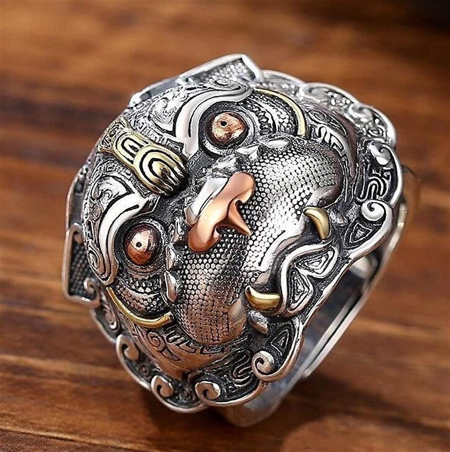 Produktbild von Amulett-Ring, Schutz Reichtum Ring, Feng Shui Pixiu Mantra Ring S925 Silber Buddhistisches Glücksamulett Mantra Doppelter Schutz Reichtum Liebe Gesundheit Ring Geschenk For Männer Frauen (Farbe: Gold