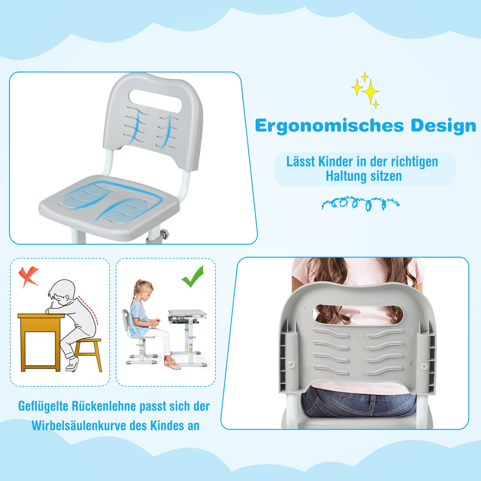 COSTWAY Schreibtisch Kinder, Kinderschreibtisch höhenverstellbar mit neigbarer Tischplatte & Schublade, multifunktionaler Schreibtisch mit Stuhl für Jungs & Mädchen (Grau)