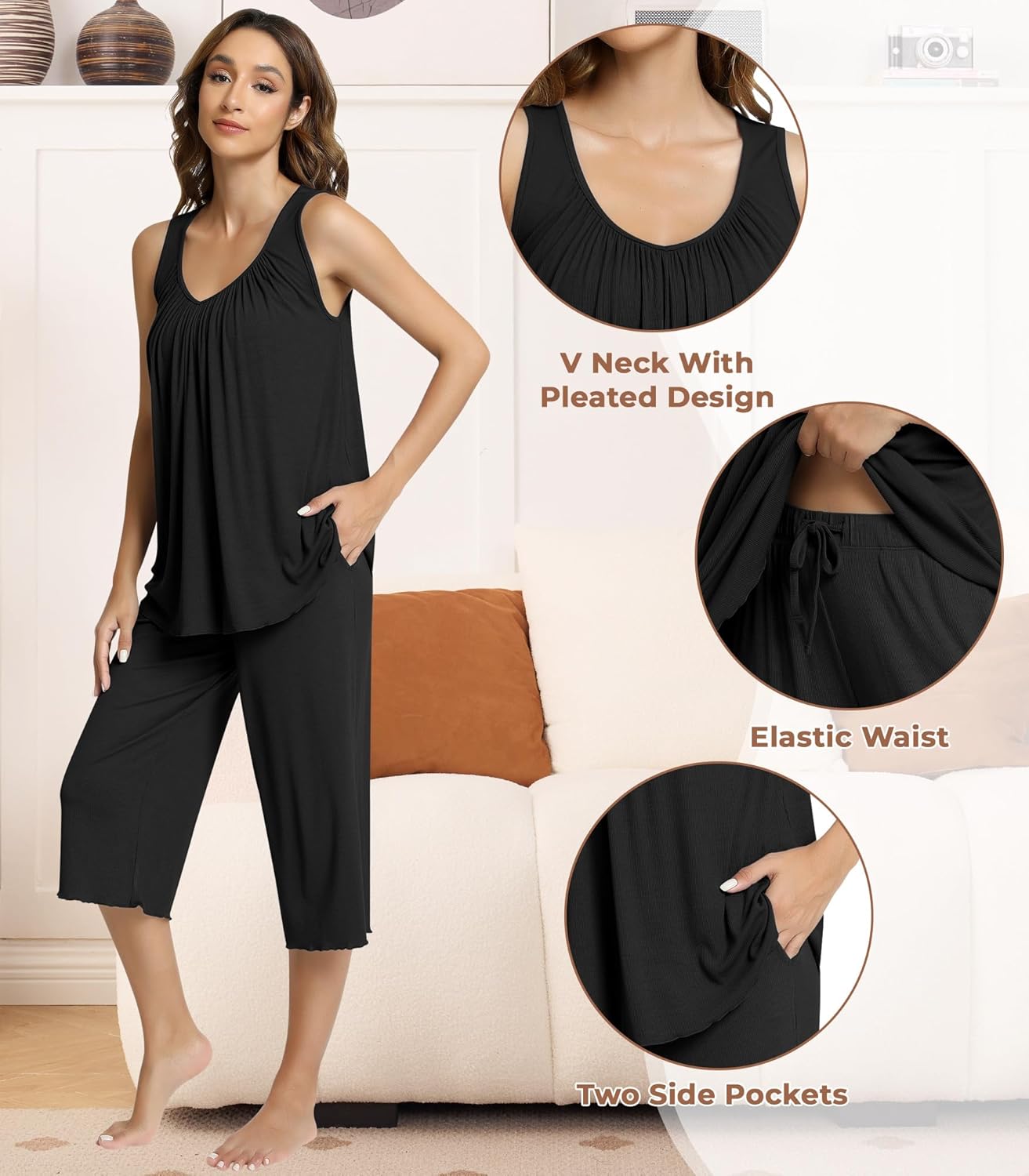 NACHILA Womens Pajamas-Viscose Made from Bamboo, Sleeveless Sleepwear Ribbed Tank Top Capri Pants Pajama Set Cool Pleated Pjs - Image 4