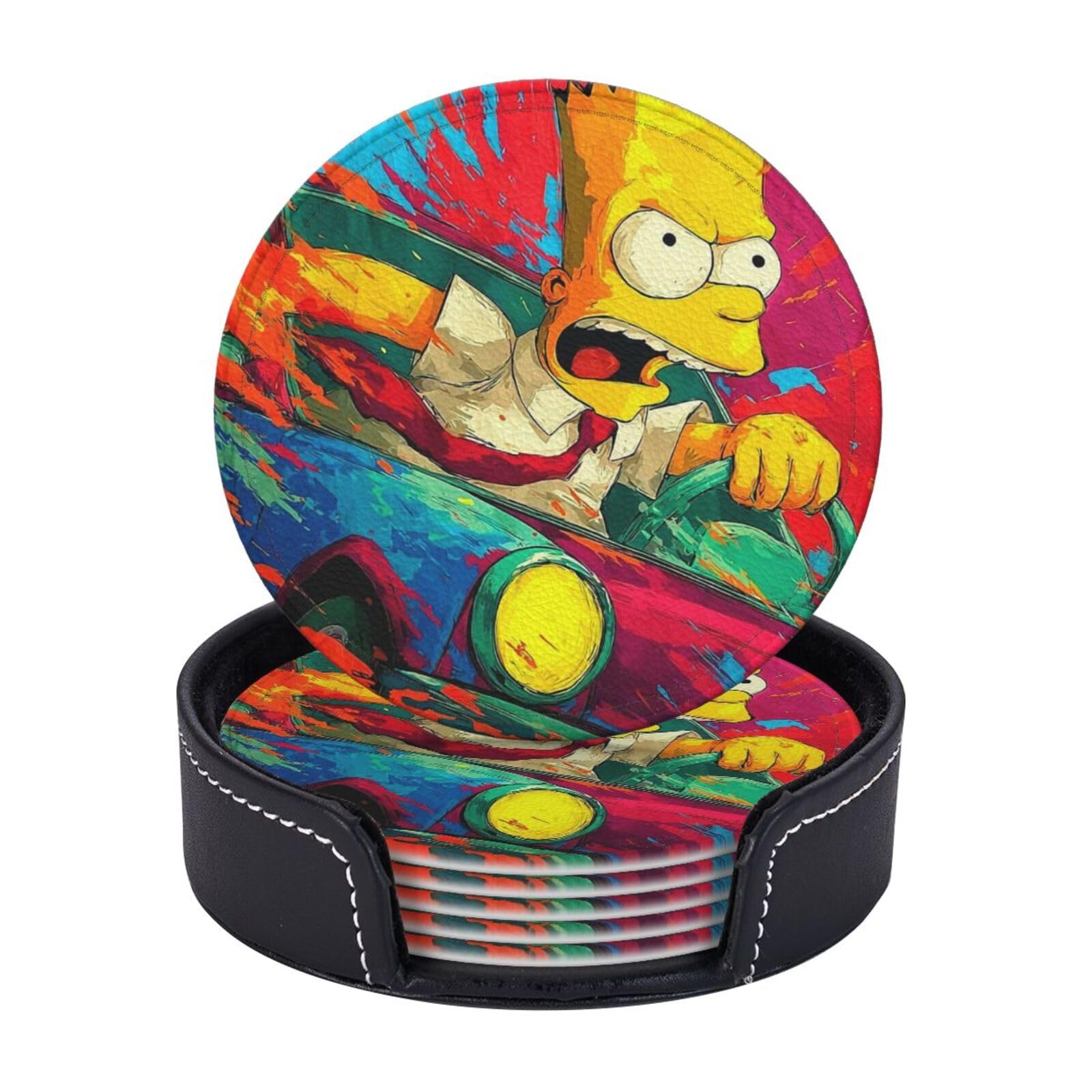 Coasters Set of 6 Leather Drink Coasters with Holder Simpsons Coasters for Drinks Heat Resistant Coaster Round Coffee Cup Mat Pad for Kitchen Office Home Decor