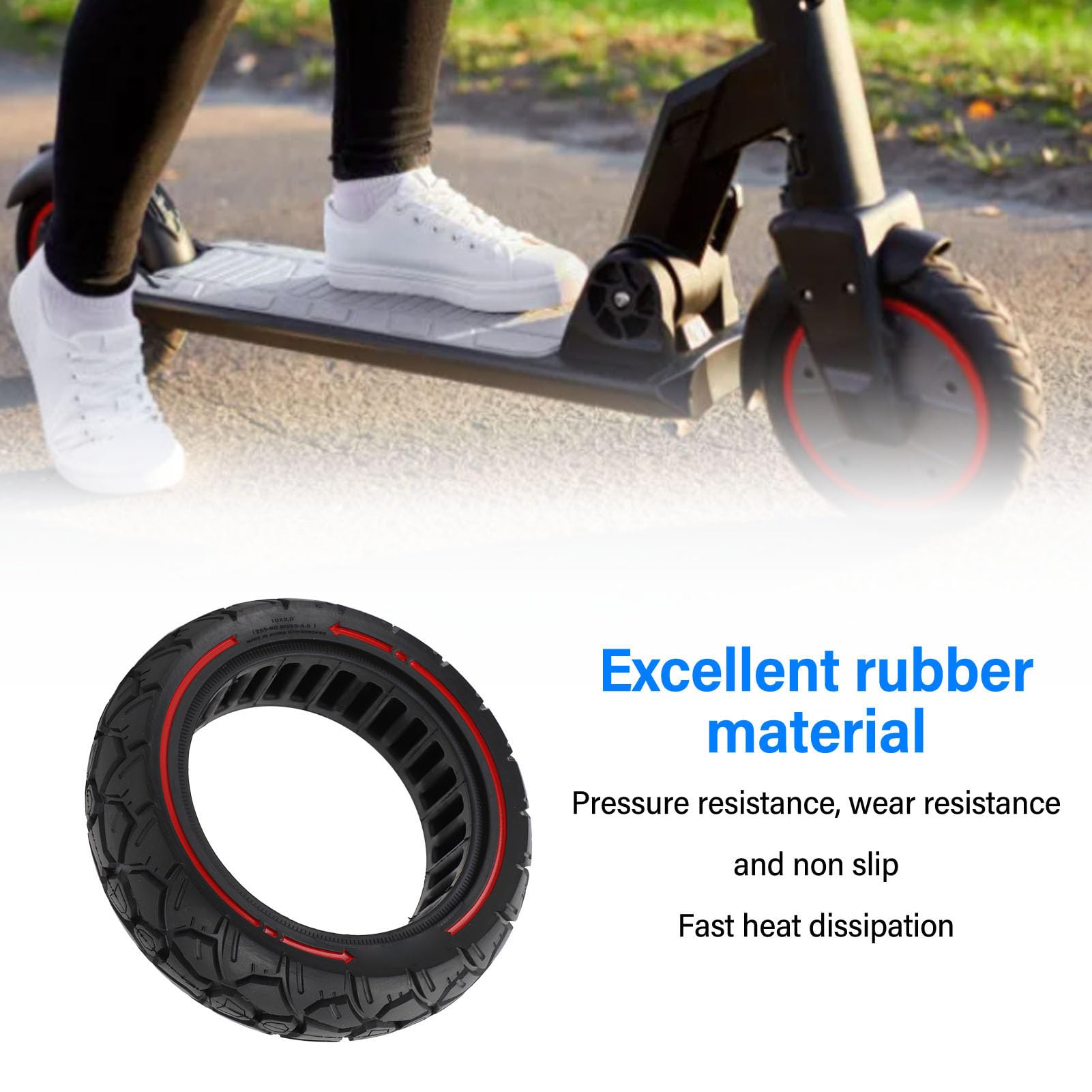 Pomya 10 Inch Solid Tire for KUGOO Electric Scooter, 10x3 255x80 80/65?6.5 Red Line Universal Electric Scooter Replacement Wheel, Front or Rear Electric Scooter Solid Tire Replacement