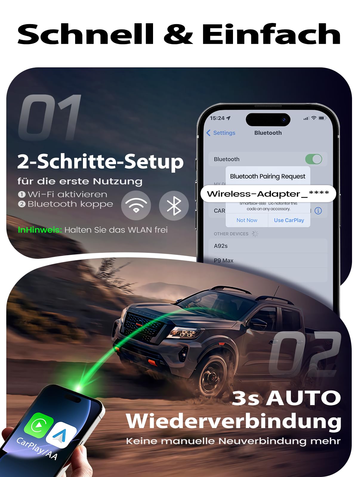 Versteckter CarPlay Wireless Adapter –, Android Auto Wireless Adapter, Stabil & ohne Überhitzung, Kompatibel mit iPhone (iOS 10+)/Android 10+