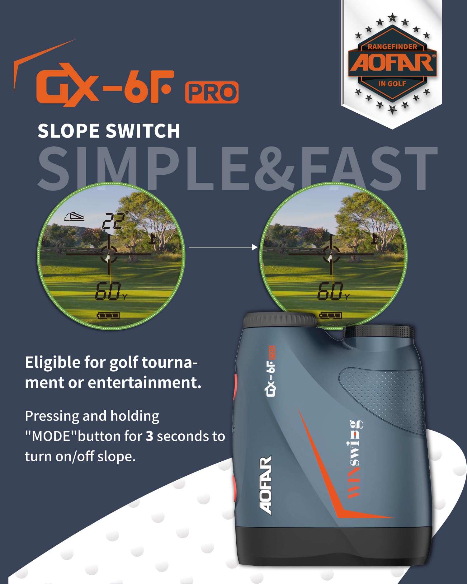 AOFAR GX-6F PRO Telemetro da Golf con Dispositivi di Pendenza Telemetro di Misurazione della Distanza con Scansione Continua, Blocco Bandiera con Vibrazione a Impulsi, Legale per la Competizione, 600Y