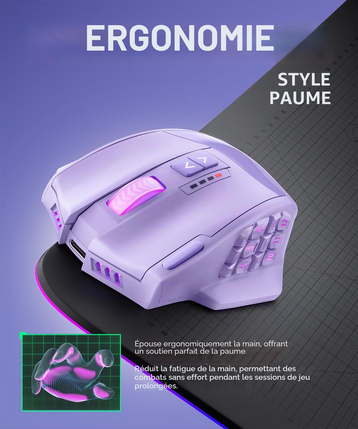 UtechSmart Venus Pro Souris de gaming sans fil avec capteur optique 16 000 DPI | 16 boutons programmables, 2,4 G, batterie 70 heures, prise en main ergonomique, capteur optique, rétroéclairage vibrant