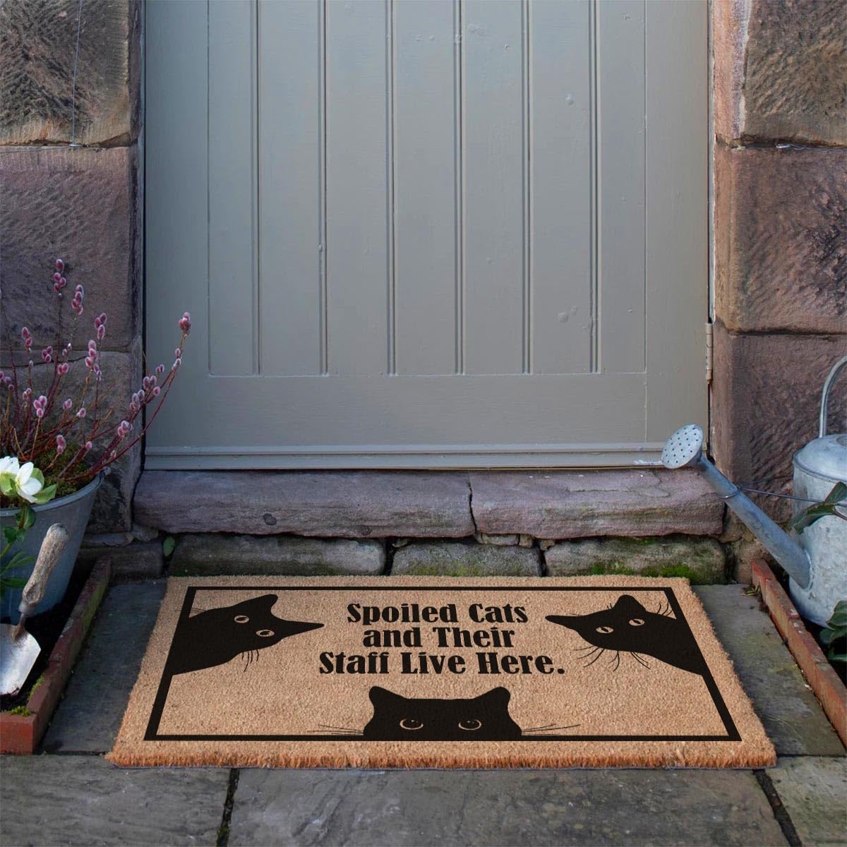 Coir Doormat Spoiled Cats and Their Staff Live Here, Small, Brown, Rustic, 23.6 x 15.7 inches