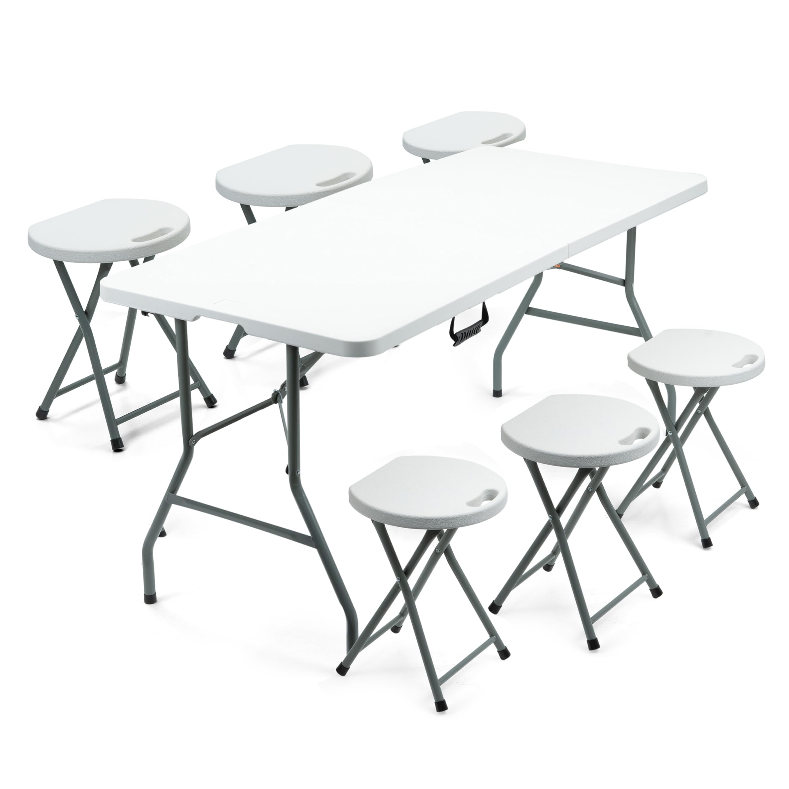 Crystals Folding Stools – Heavy-Duty Foldable Plastic Stools for Kitchen, Camping, Desk, or Outdoor Events – Lightweight Fold-Up Stool for Indoor/Outdoor Seating (Six Stools With 6ft Table)
