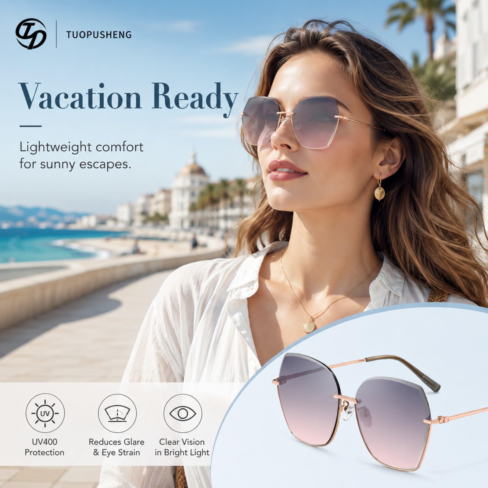 LVJMJ - Gafas de sol de nailon sin montura para hombre y mujer, UV400 Cat 3, montura dorada, lentes degradadas para conducción