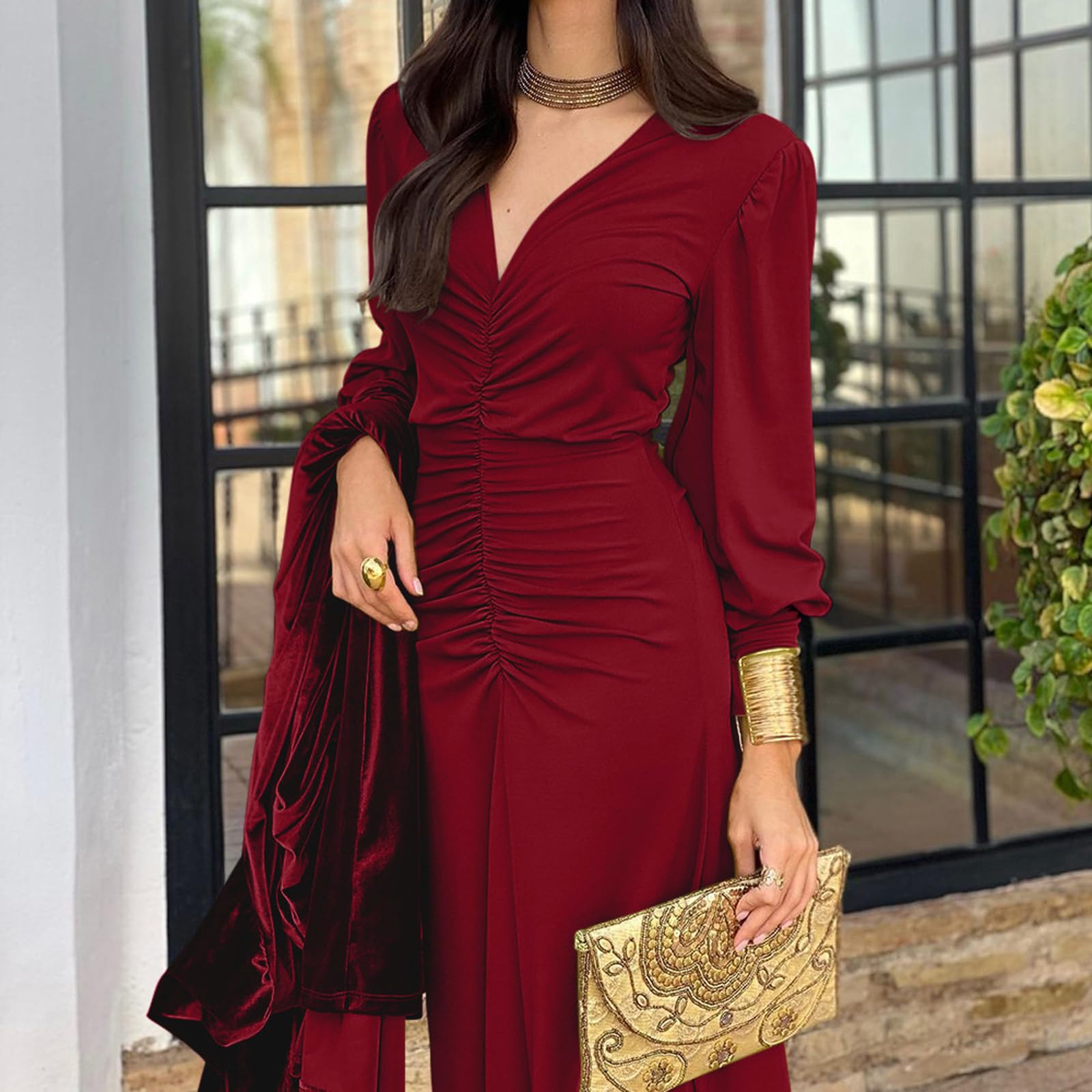 Vestido de Fiesta Largo para Mujer Vestido Maxi Manga Larga Cuello en V Elegant Vestidos Dama de Honor Ruched Wrap Vestidos de Noche Boda Slim Fit para Cóctel Fiesta Club Ceremonia