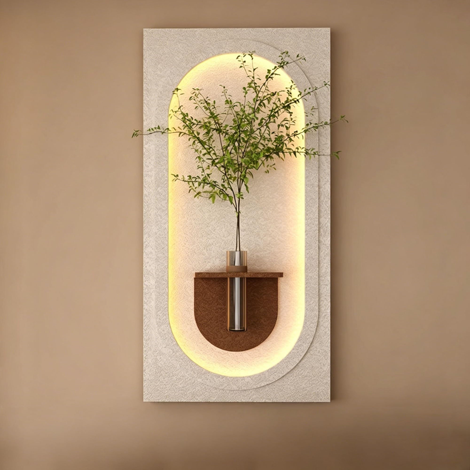 OEPCHEFACX 3D Sandstone Wall Art with LED Lights, Plug-in Ambient Wall Decor with Glass Vase Artificial Plants, Modern Textured Mural for Entryway Living Room Bedroom(B1,120 * 60cm/47.2 * 24in)