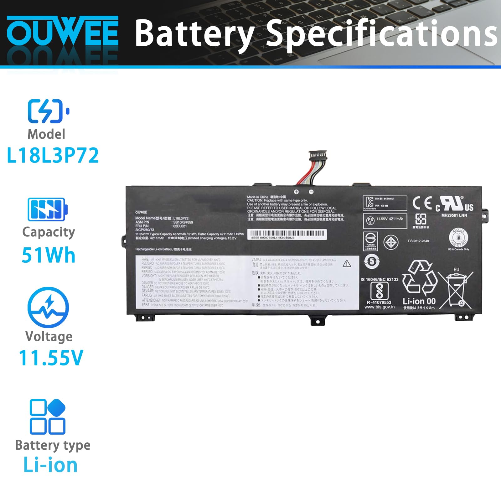 Amazon.com: OUWEE L18L3P72 Laptop Battery Compatible with Lenovo