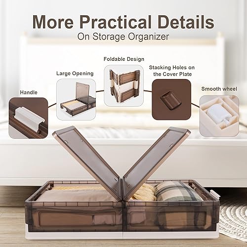 Miniatura 4 de Contenedores de almacenamiento de plástico para debajo de la cama, 58 cuartos de galón  14.5 galones con tapa y 8 ruedas enrollables, plegables y