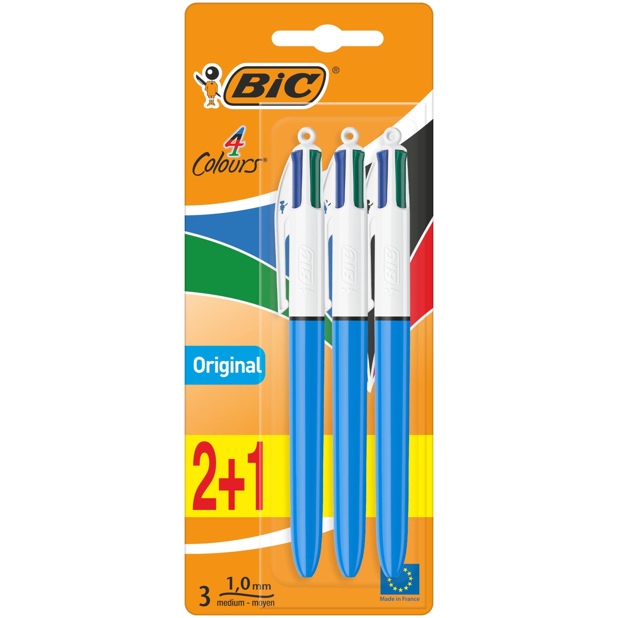 4 Colours Original Retractable Ballpoint Pen Pack Of 3 (2 + 1 Bonus) Medium Point (1.0 Mm) With Four Ink Colors In Each Pen (Blue, Green, Black, Red)