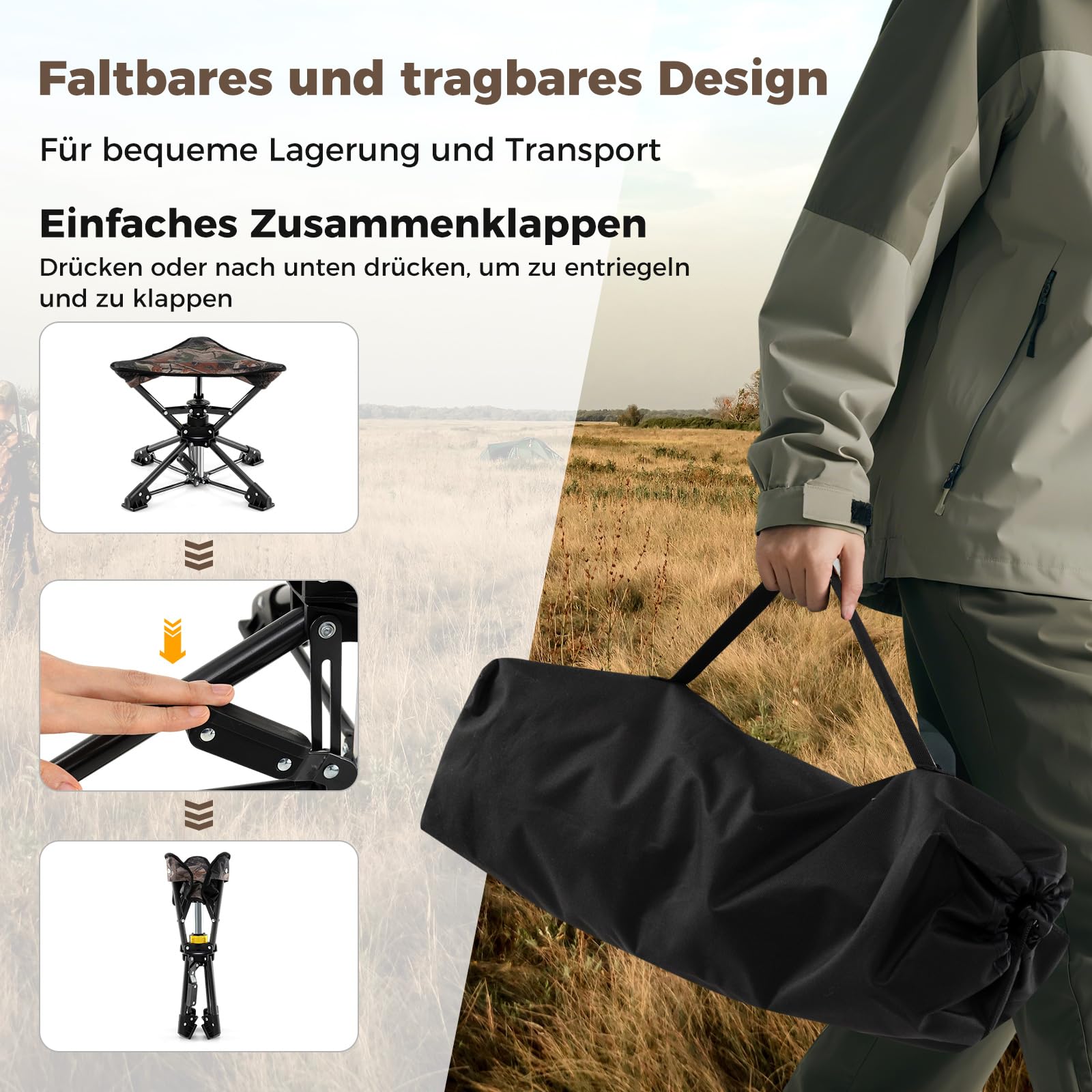 COSTWAY Klapphocker faltbar, 360° drehbarer Campinghocker, Falthocker mit Anti-Sink-Füßen & Tragetasche, tragbarer Camping Hocker bis 150 kg belastbar, Angelhocker für Camping, Jagen, Angeln (Tarnung)