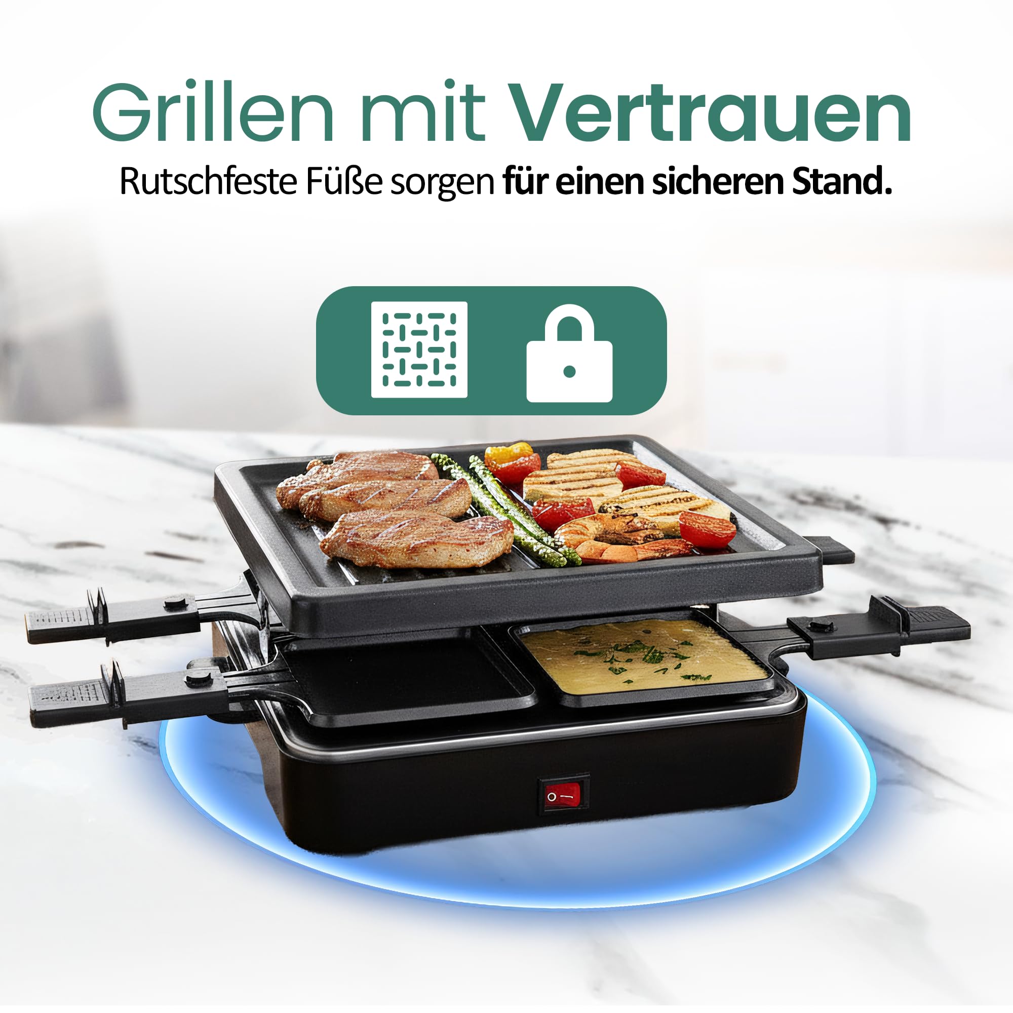 Emerio Griglia per raclette, 4 padelle, Piastra Antiaderente (RG-120656)