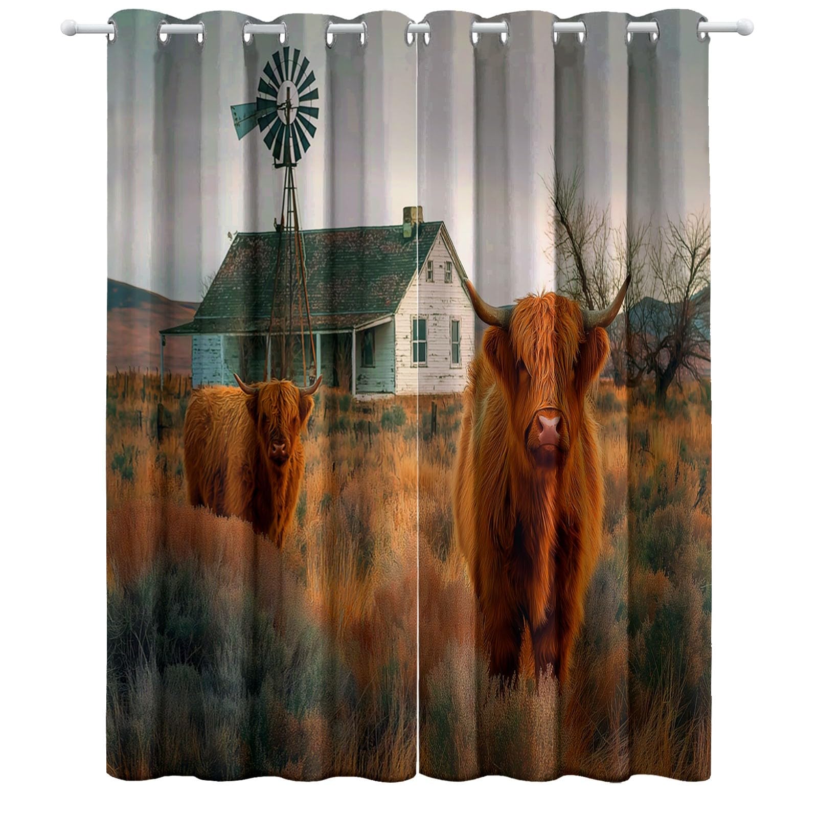 Blackout Vorhänge B200 x H178 cm Verdunkelungsvorhang mit Ösen, 3D-Druck Amerikanisches Ländliches Schottisches Vieh Vorhang Grau Weich Polyester Vorhänge für Wohnzimmer Schlafzimmer und Kinderzimmer