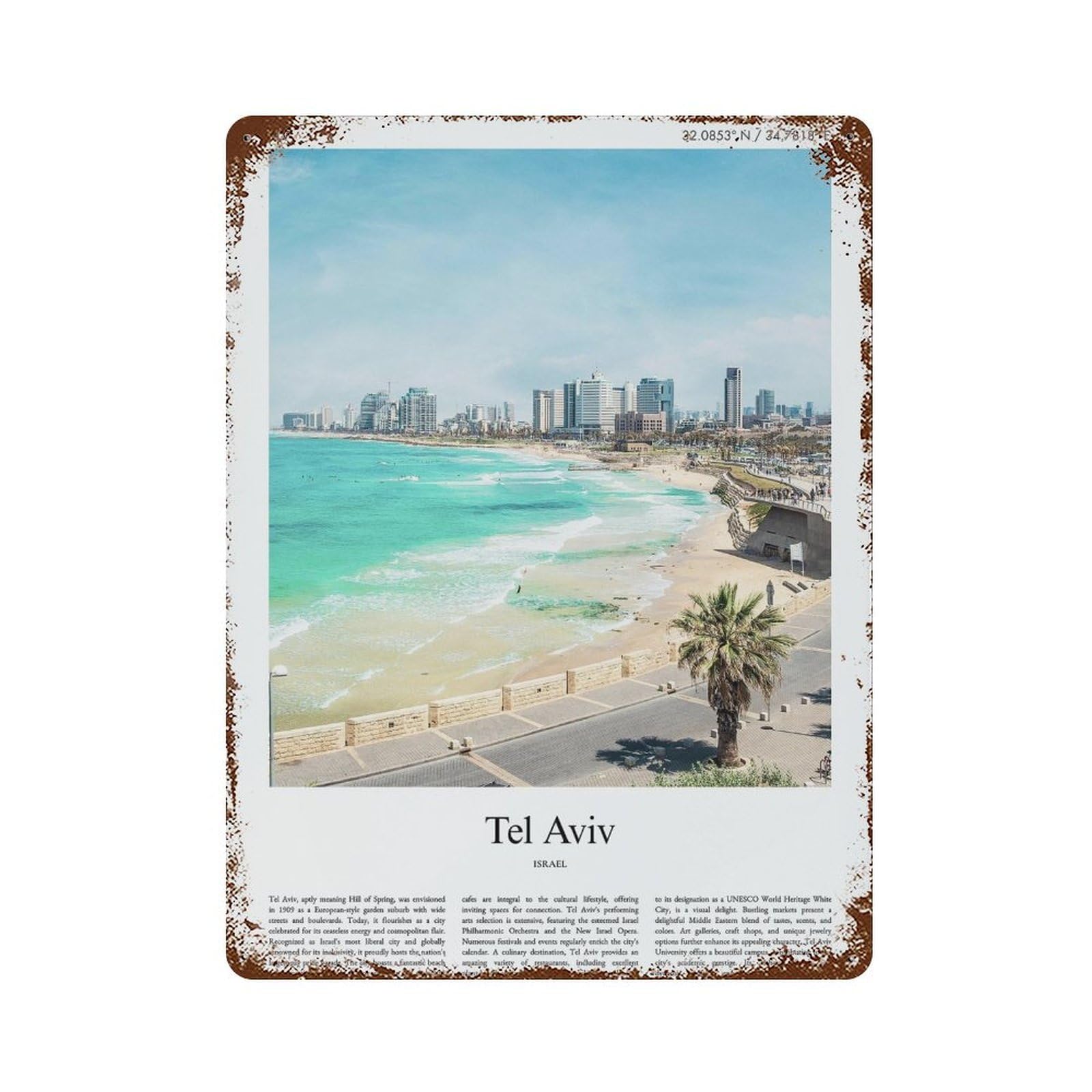 xiaoxiaoshen Tel Aviv Israel City Scenery Wall Decor Art Metal Tin Poster Modern Home Decor Art Home Bar Shop Decorations Vintage Sign 40x30cm