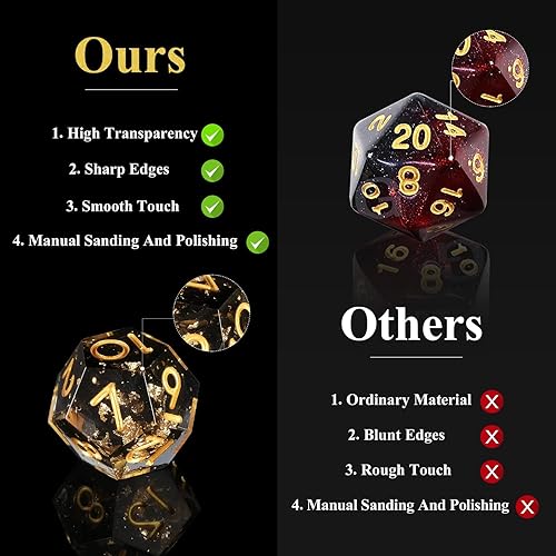 Miniatura 7 de Juego de dados DND hecho a mano de 7 accesorios, dados de borde afilado para juegos TTRPG de mazmorras y dragones, dados poliédricos de múltiples