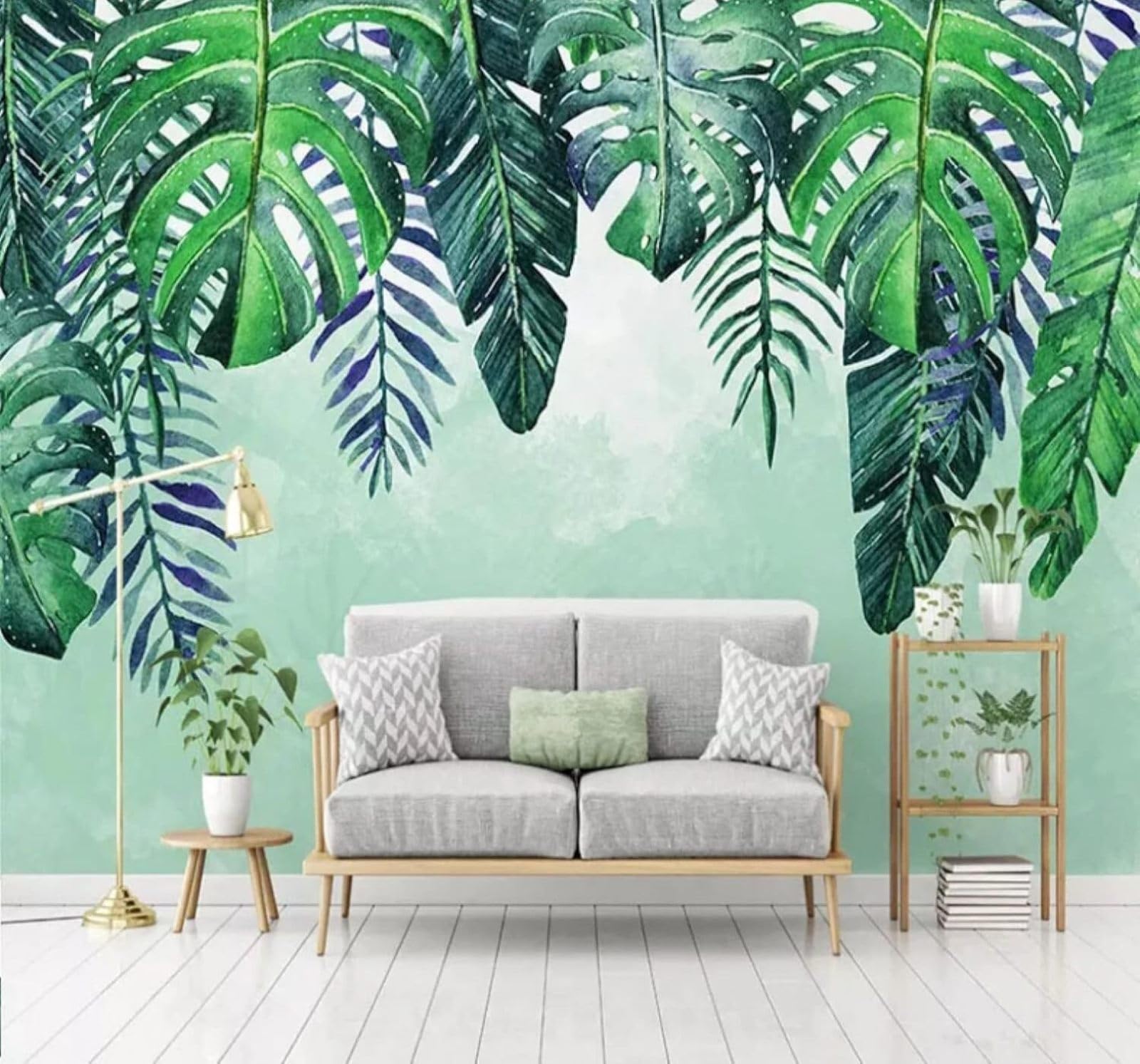 Wallpaper-3D-Xlm 300Cm×210Cm(B×H) Hand Drawn Fresh Tropical Forest Leaves 3D Wallpaper Easy Install Feature Office Living Room Sofa Bedroom Tv Background Wall Decoration-300Cm×210Cm