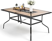 MFSTUDIO 61.5" Rectangular Outdoor Patio Dining Table for 6, Sturdy Metal Frame, Imitation Wood Top, Umbrella Hole, Brown/Black