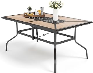 MFSTUDIO 61.5" Rectangular Outdoor Patio Dining Table for 6, Sturdy Metal Frame, Imitation Wood Top, Umbrella Hole, Brown/Black