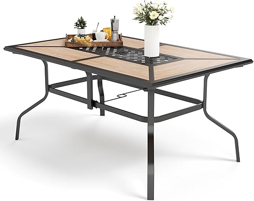 MFSTUDIO Mesa de comedor de patio al aire libre para 6, mesa rectangular para muebles de patio con marco de metal y parte superior de inmitación,