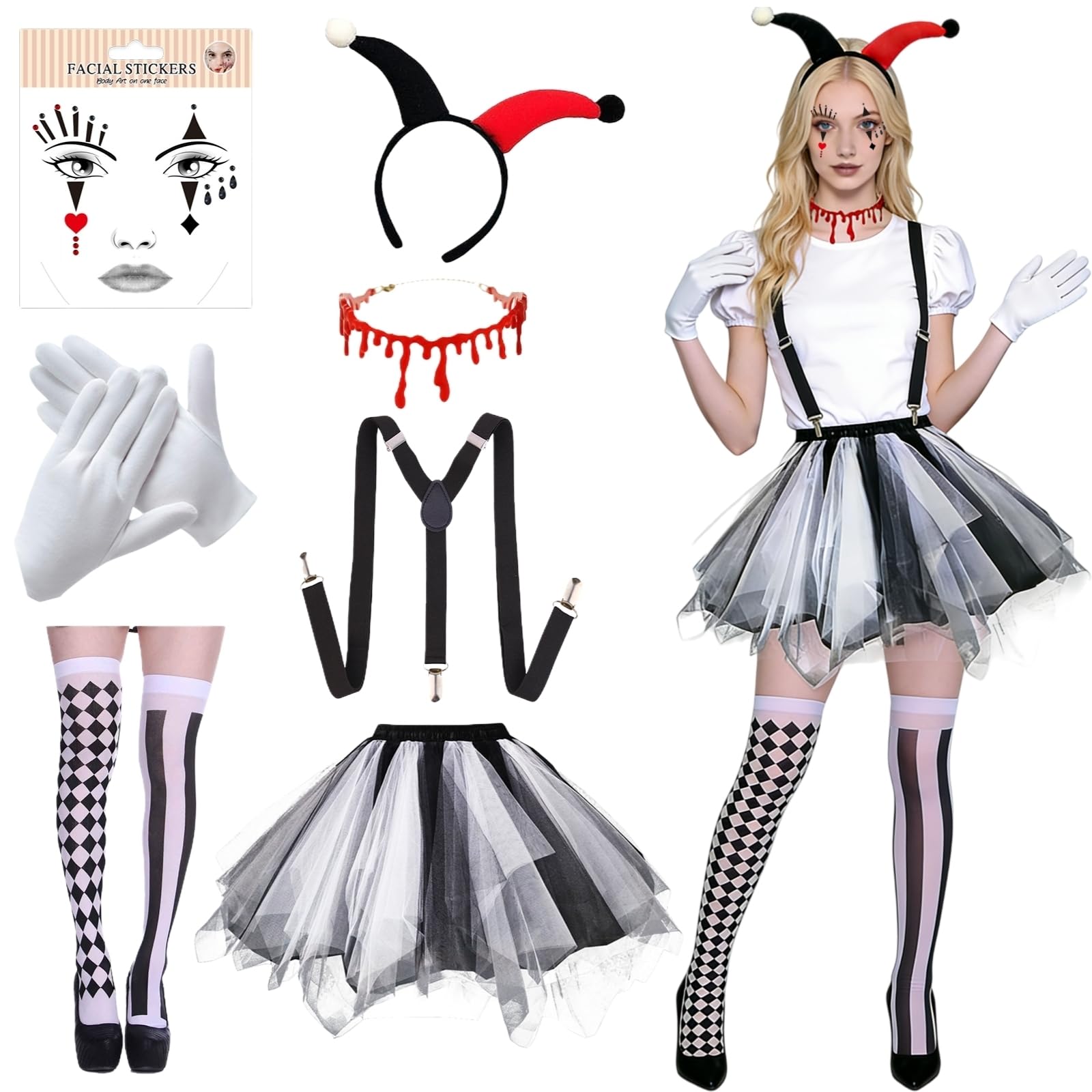 Boyigog Clown Women Costume Halloween Clown Tutu Skirt Outfit with Tutu Dress Headband Face Gems Socks Gloves, Black Clowns Costume Women for Halloween Carnival Cosplay Party (Black-White, 7Pcs) — image 1