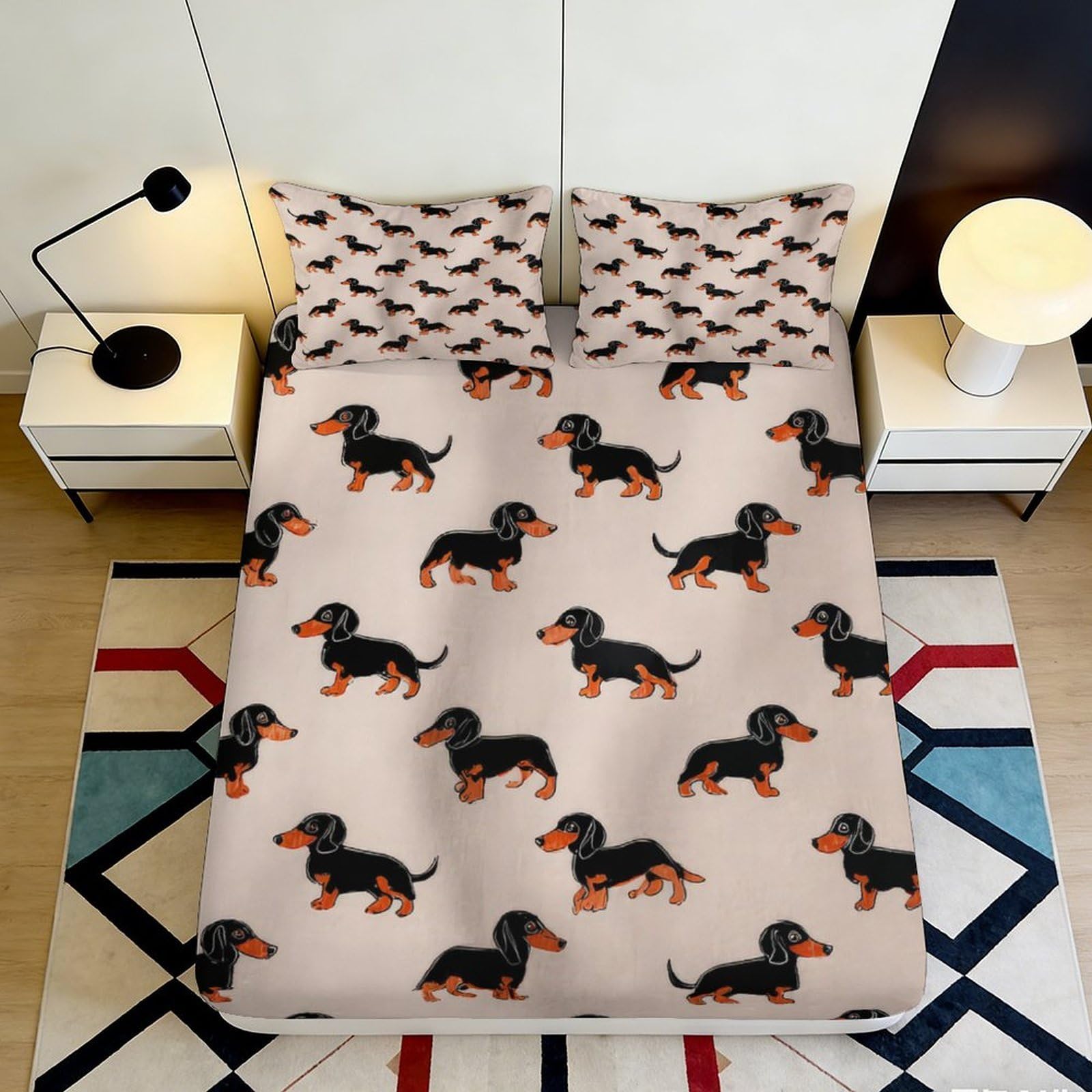 3D Printed Dachshund Pattern Fitted Sheet Microfiber Soft Durable Beige Bed Sheet with Dog Design Mattress Cover for Bedroom Dormitory Guest Room 120x200x25cm
