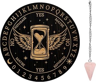 AHANDMAKER Pendulum Board Set, Wooden Dowsing Divination Board Metaphysical Message Board with Crystal Pendulum Necklace for Witchcraft Wiccan Altar Supplies Kit, Hourglass& Wings
