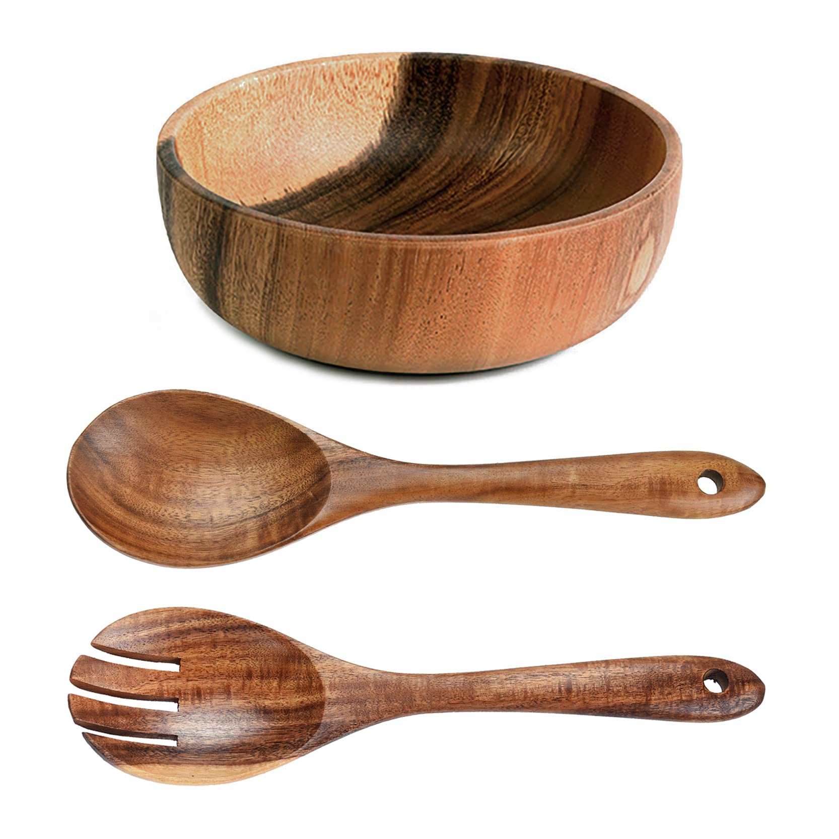Ensaladera de madera de gran tamaño (18 cm x 7,5 cm), con juego de cuchara y tenedor de madera (26 cm x 6,8 cm), cuenco de madera de acacia, cuencos grandes de madera para servir