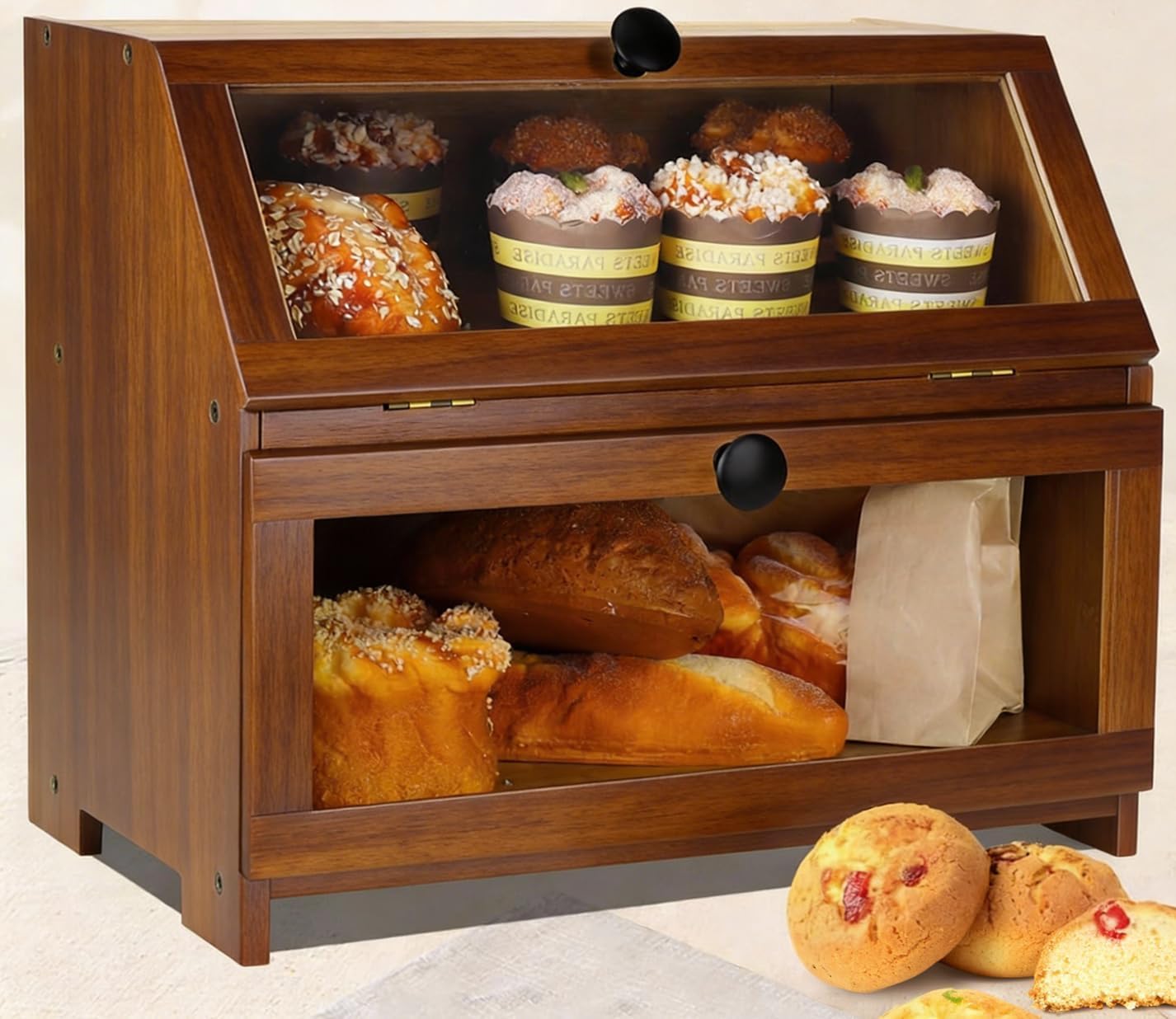 Bamboo Bread Box for Kitchen Countertop, Large Bread Storage Container Bin 2 Layer Breadbox Holder for Kitchen Counter, Cabinet, Pantry, Cupboard (Brown)