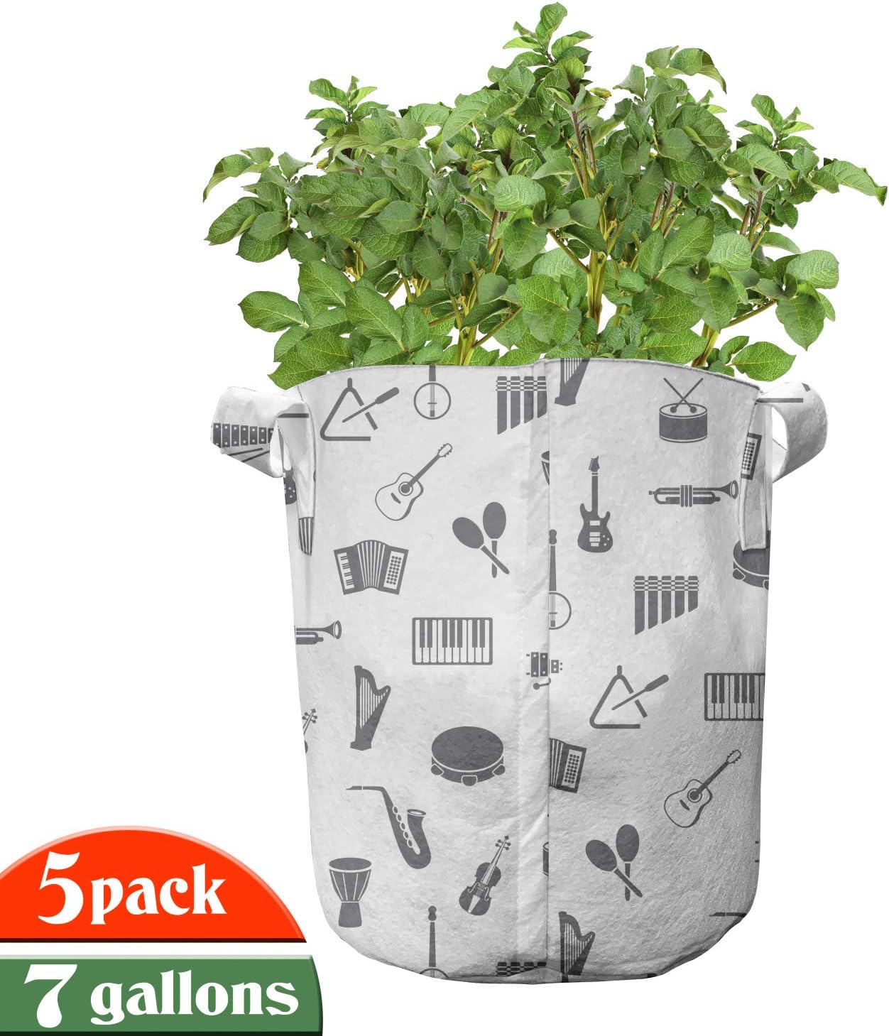 Lunarable Musical Grow Bags 5-Pack, Flat Design Pan Flute Harp, Heavyduty Fabric Pots with Handles for Plants, 7 Gallon, Charcoal Grey and White