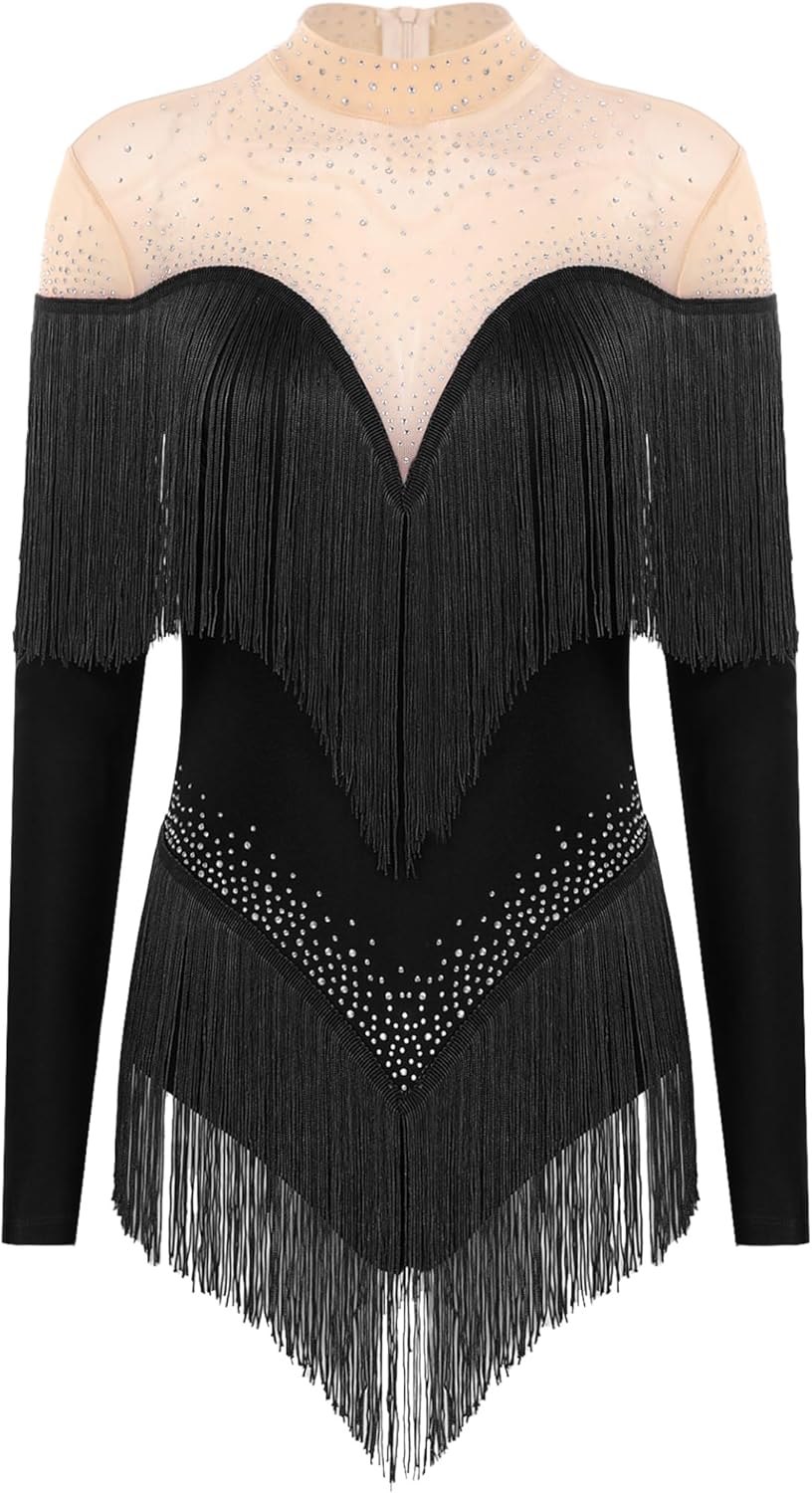 Women's Long Sleeve Sheer Mesh Patchwork Latin Dance Costume Leotard Tango Jazz Dance Leotard